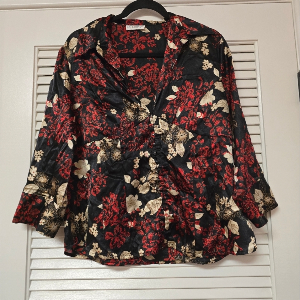 Le Grange - Vintage Floral Satin Long-Sleeve Top